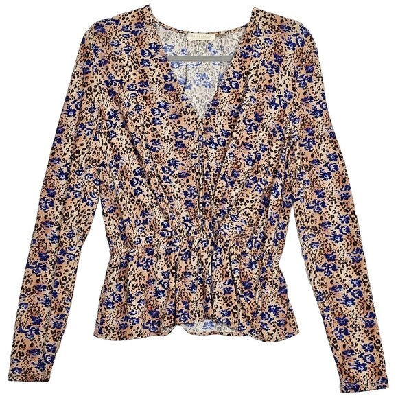 Ramy Brook Size Small Blouse V Neck Leopard Floral Peplum Hem Long Sleeve Top - Picture 1 of 6
